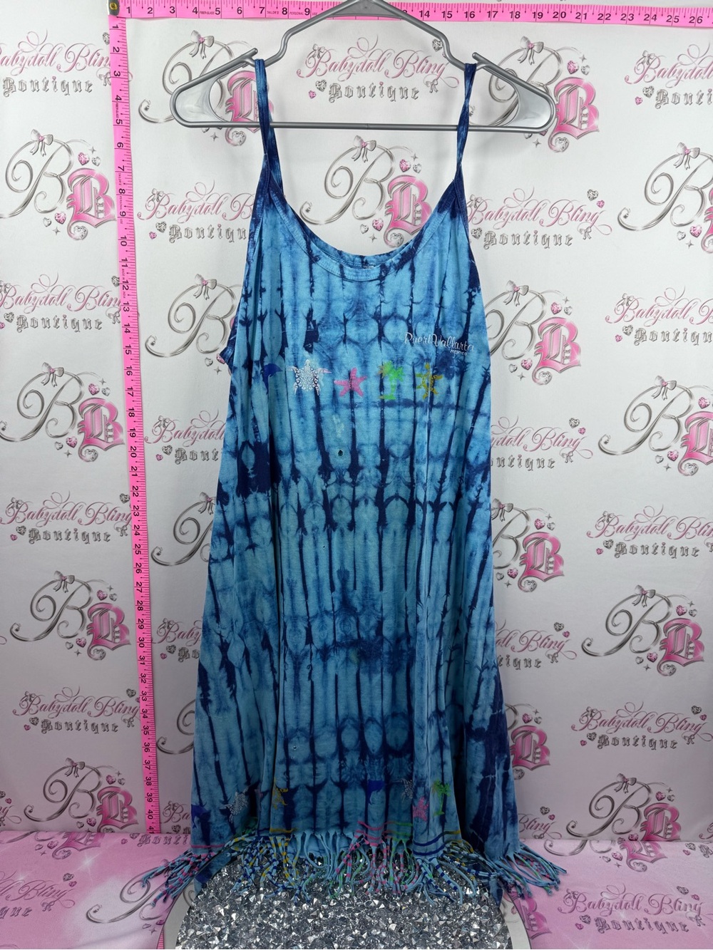 Dress Mexico fringe ocean theme Blue Tie-Dye Slip Dress with Fringe